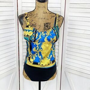 Intempo Ruched Strap Bustier Bodysuit Satin Blue Gold Yellow 8‎
